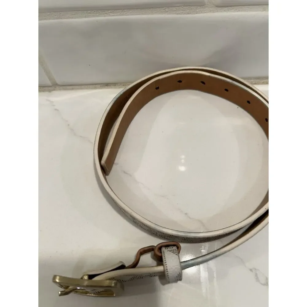 Michael Kors Belt Vanilla Mini Signature Printed MK Logo Gold Buckle 1” Sz Small